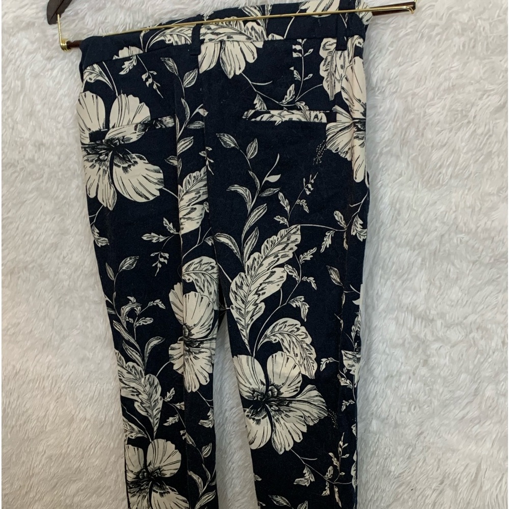 Zara Size 2 Floral Leaf Pants Trouser Boho Colorblock Contrast Hem Cropped Black